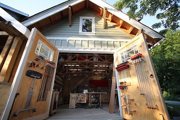 heres a shot of the inside of the garage standing on the staircase in the rear corner and looking at the two sets of doors from the inside - Garage Woodshop heres a shot of the inside of the garage standing on the staircase in the rear corner and looking at the two sets of doors from the inside - Garage Woodshop